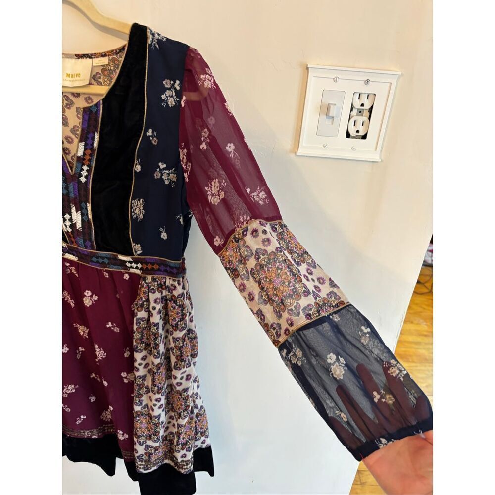 Anthropologie Maeve Boho Quartier Latin Burgundy Chiffon Velvet Dress Size Small - Picture 6 of 8